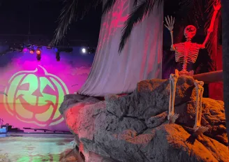 Room decorated with prop skeleton on rocks, the sea below and a pumpkin projection.